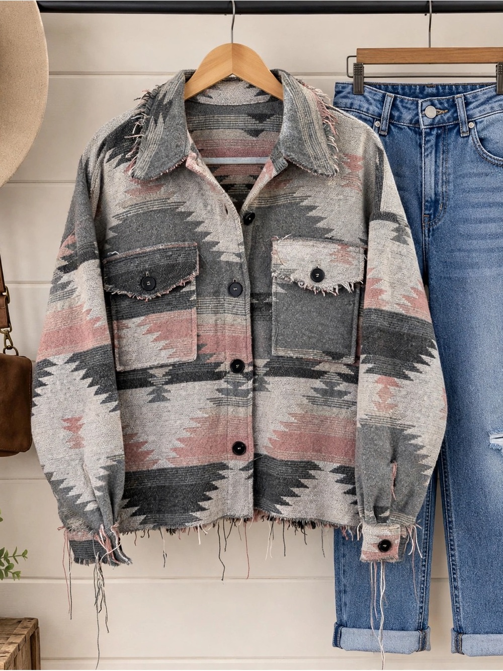 Women's Aztec Print Button-Up Jacket - Gray & Pink